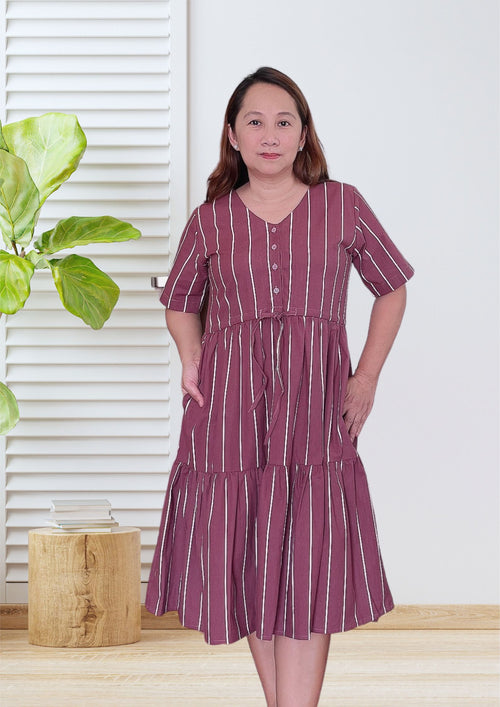 BELA Midi Drawstring Dress - Stripes 023