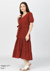 YSABEL Puff Sleeves Maxi Dress  - Rust Red