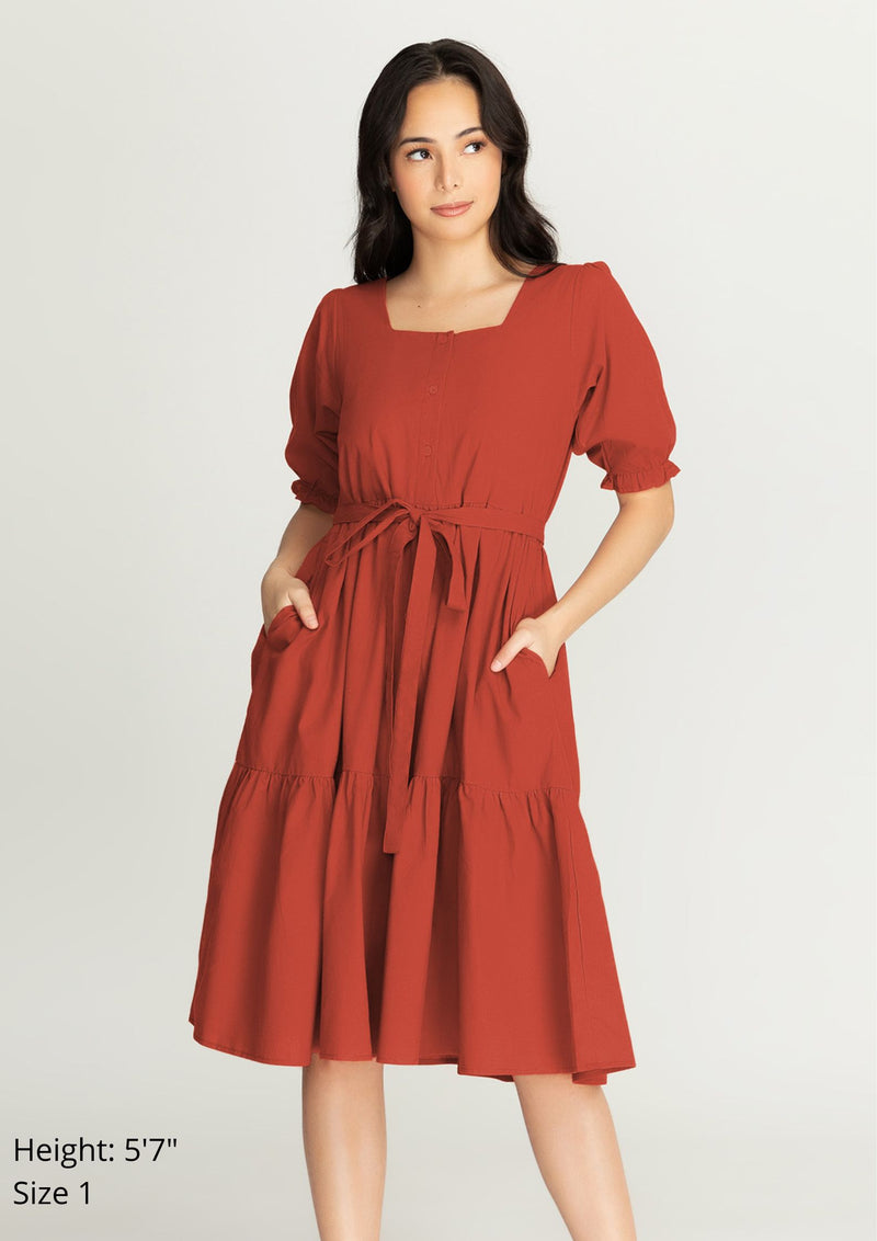 MEGHAN Puff Sleeves Maxi Dress  - Rust Red