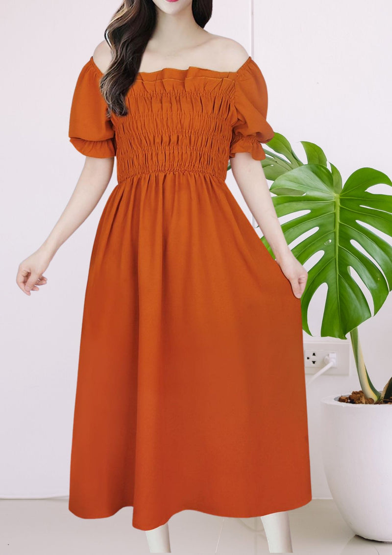 FREE Size YARA Puff Sleeve Off Shoulder Maxi Dress - Rust Orange