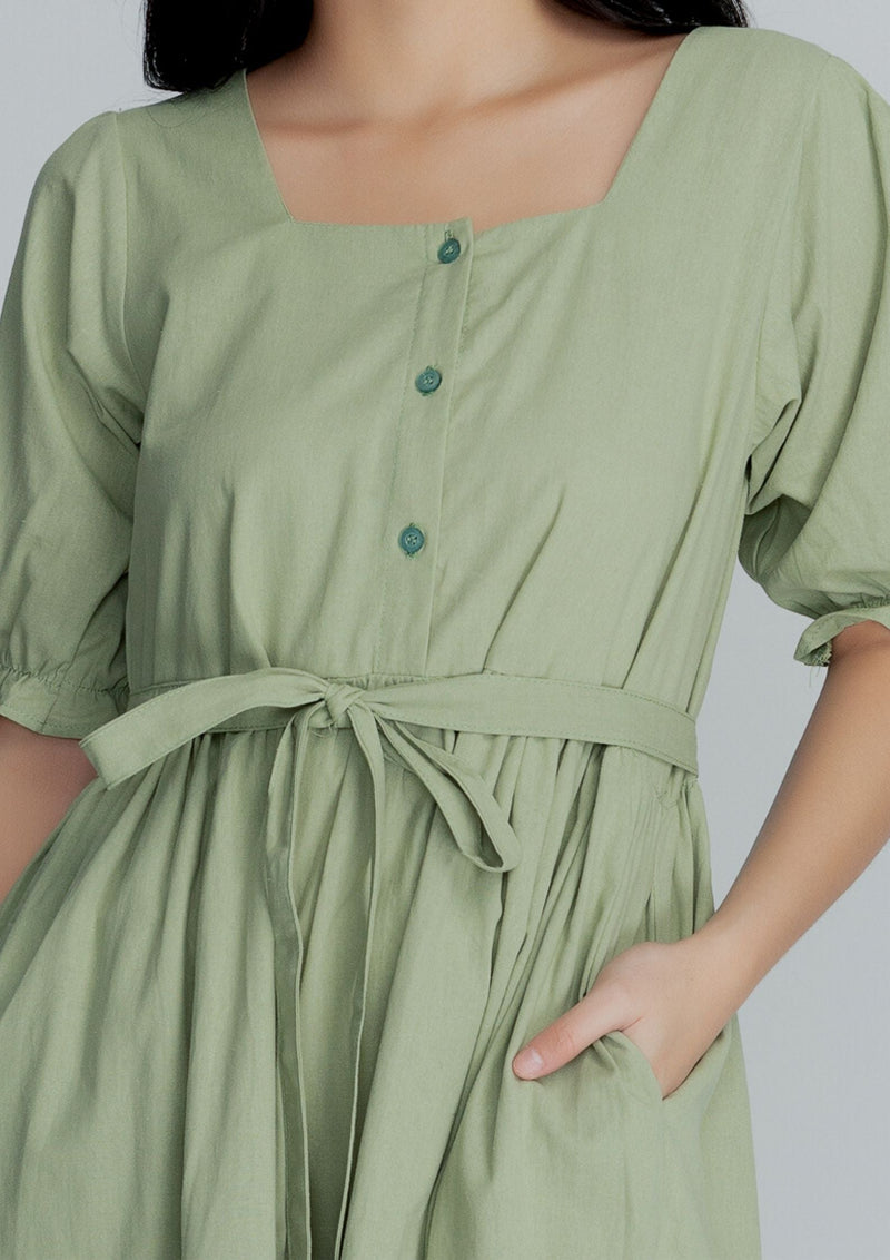 MEGHAN Puff Sleeves Maxi Dress  - Sage Green