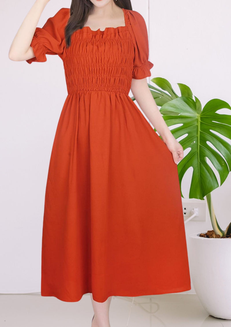 FREE Size YARA Puff Sleeve Off Shoulder Maxi Dress - Rust