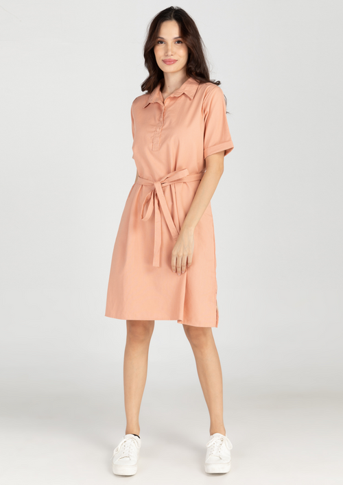 CLAIRE Premium Cotton Linen A-Line Sports Collar Dress - Peach