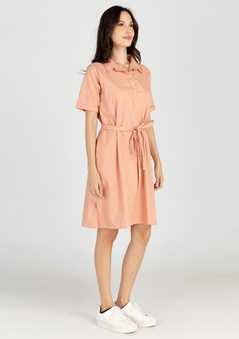 CLAIRE Premium Cotton Linen A-Line Sports Collar Dress - Peach