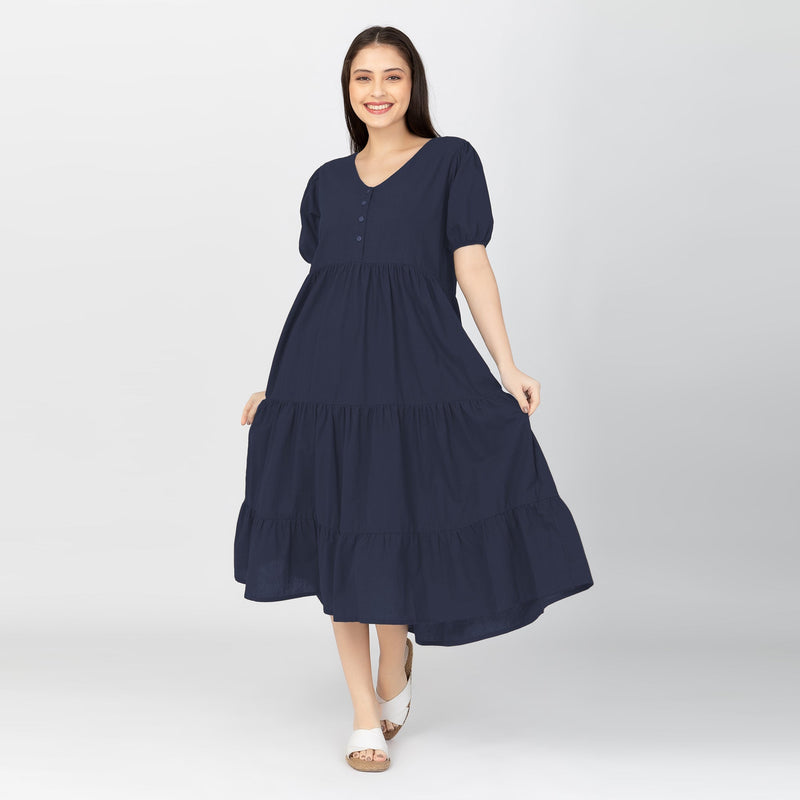 YSABEL Puff Sleeves Maxi Dress  - Navy