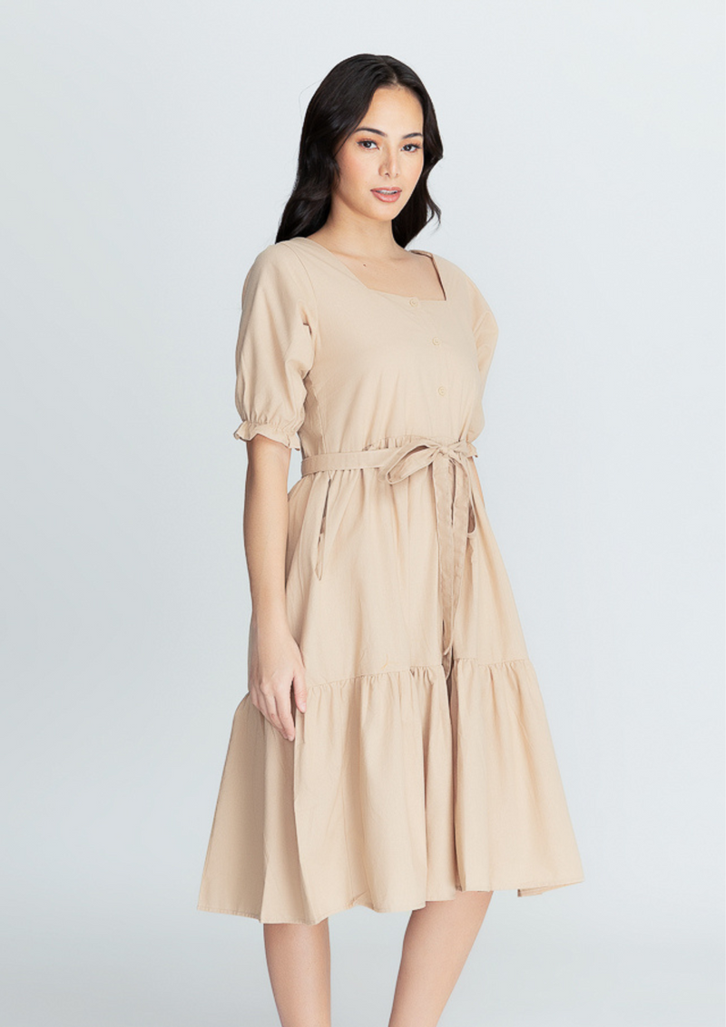 MEGHAN Puff Sleeves Maxi Dress  - Latte