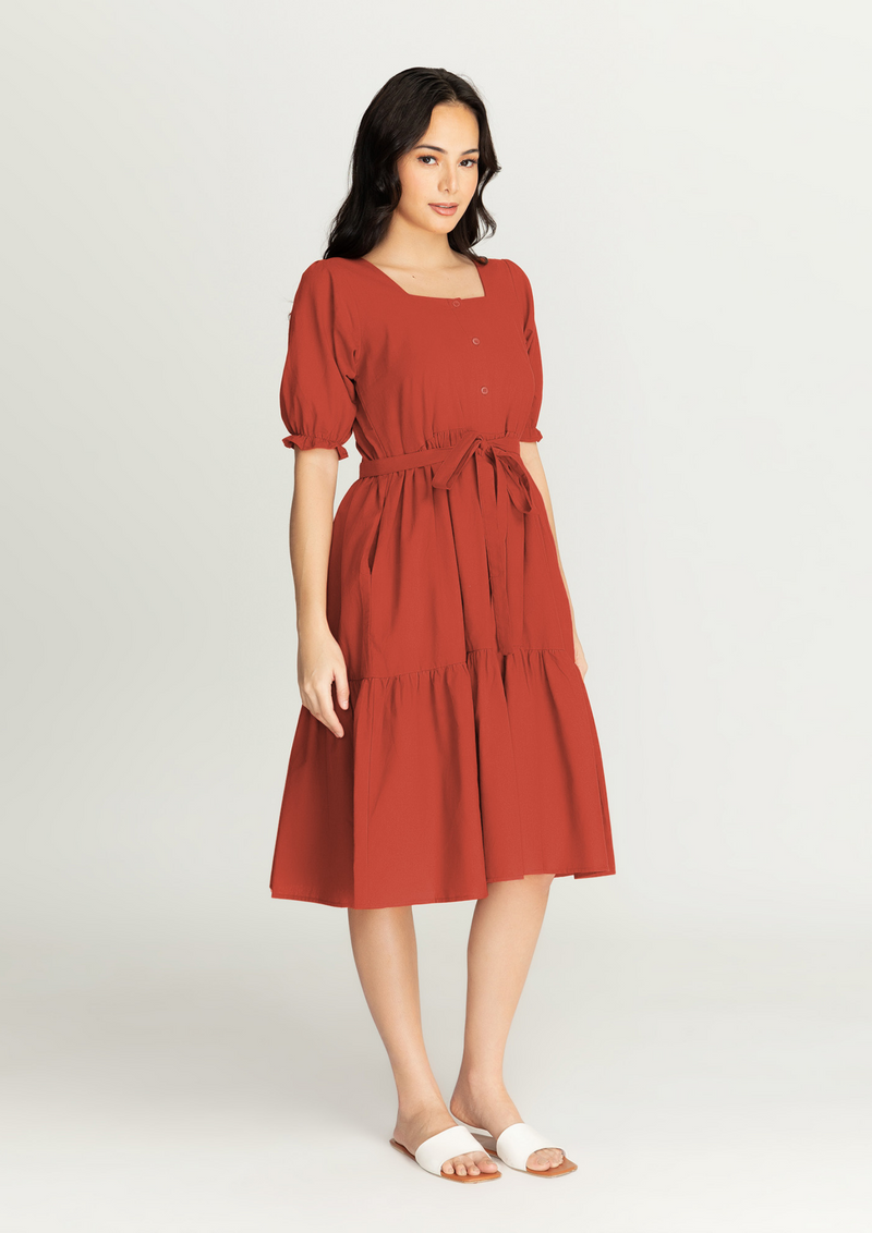 MEGHAN Puff Sleeves Maxi Dress  - Rust Red