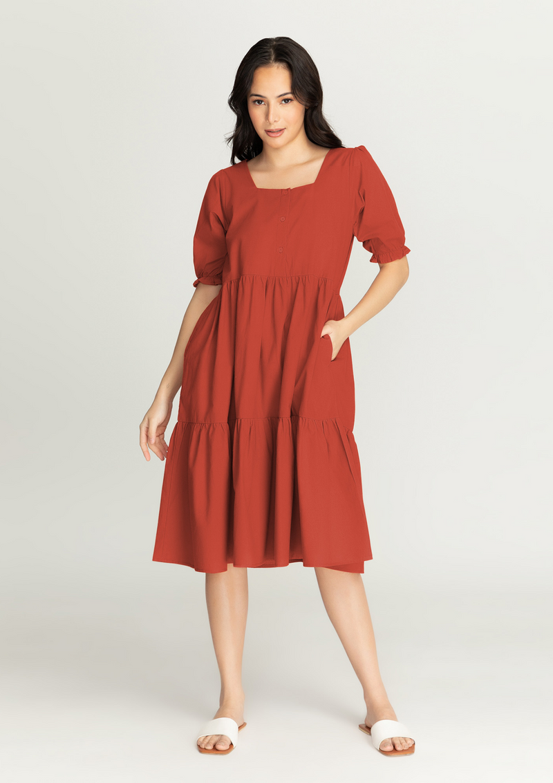 MEGHAN Puff Sleeves Maxi Dress  - Rust Red