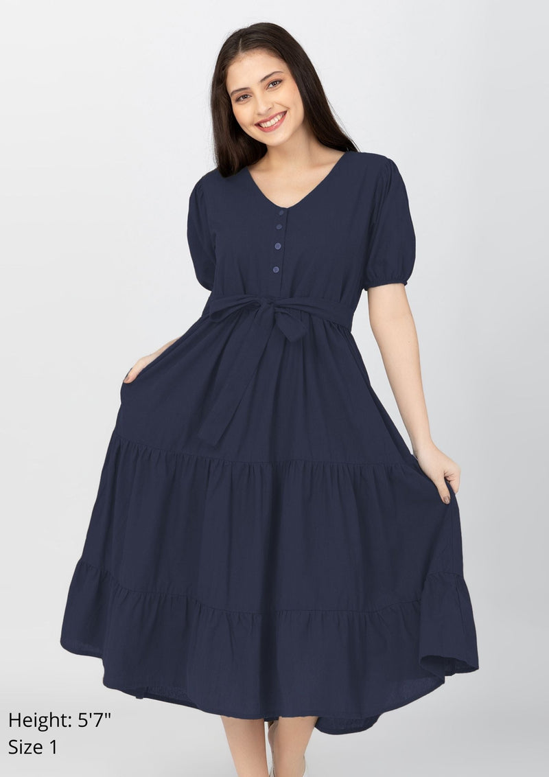 YSABEL Puff Sleeves Maxi Dress  - Navy