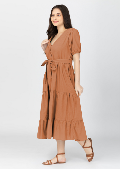 YSABEL Puff Sleeves Maxi Dress  - Copper