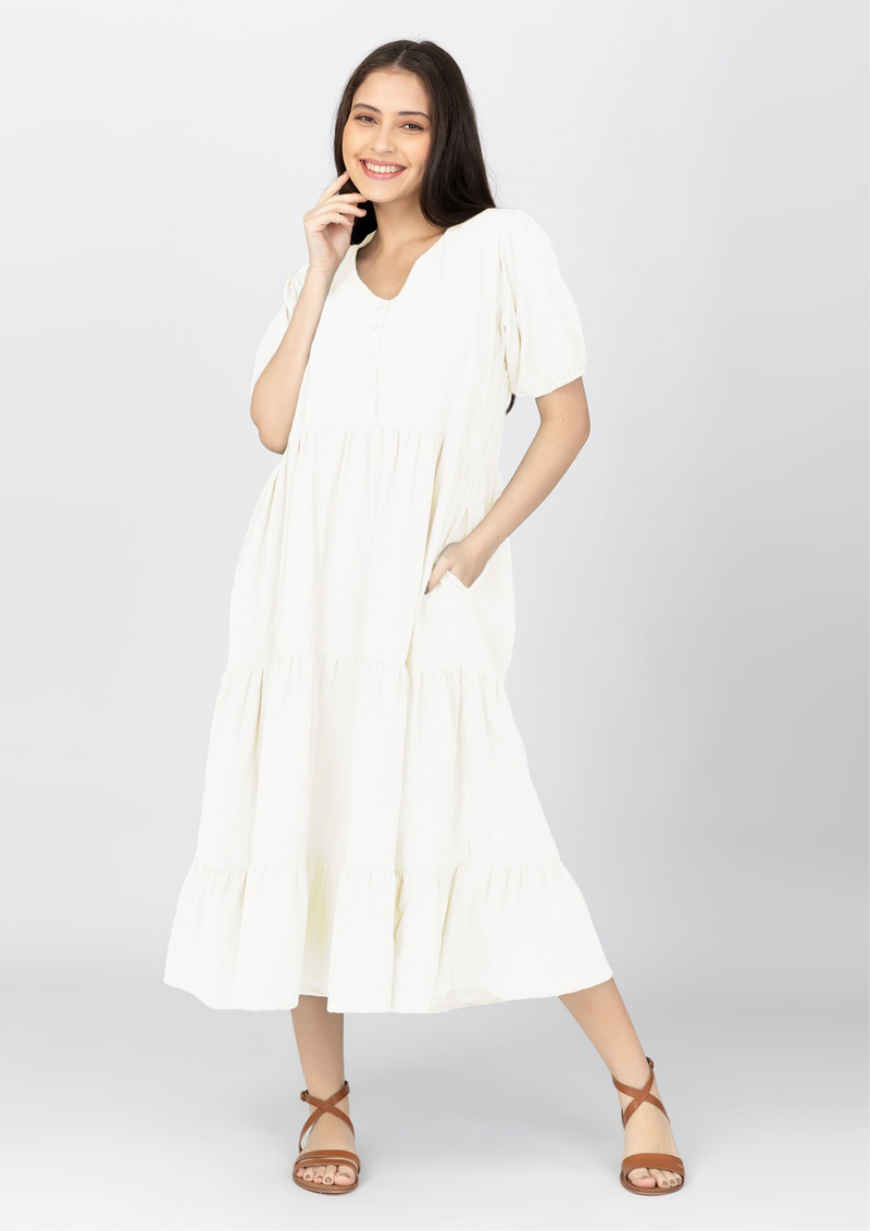 YSABEL Puff Sleeves Maxi Dress  - Off White
