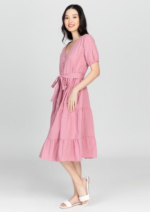 YSABEL Puff Sleeves Maxi Dress  - Old Rose