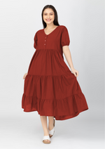 YSABEL Puff Sleeves Maxi Dress  - Rust Red